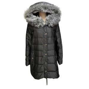 "KATE SPADE" Womens Gray Long Puffer Coat SZ L Removable Faux Fur On Hood Winter